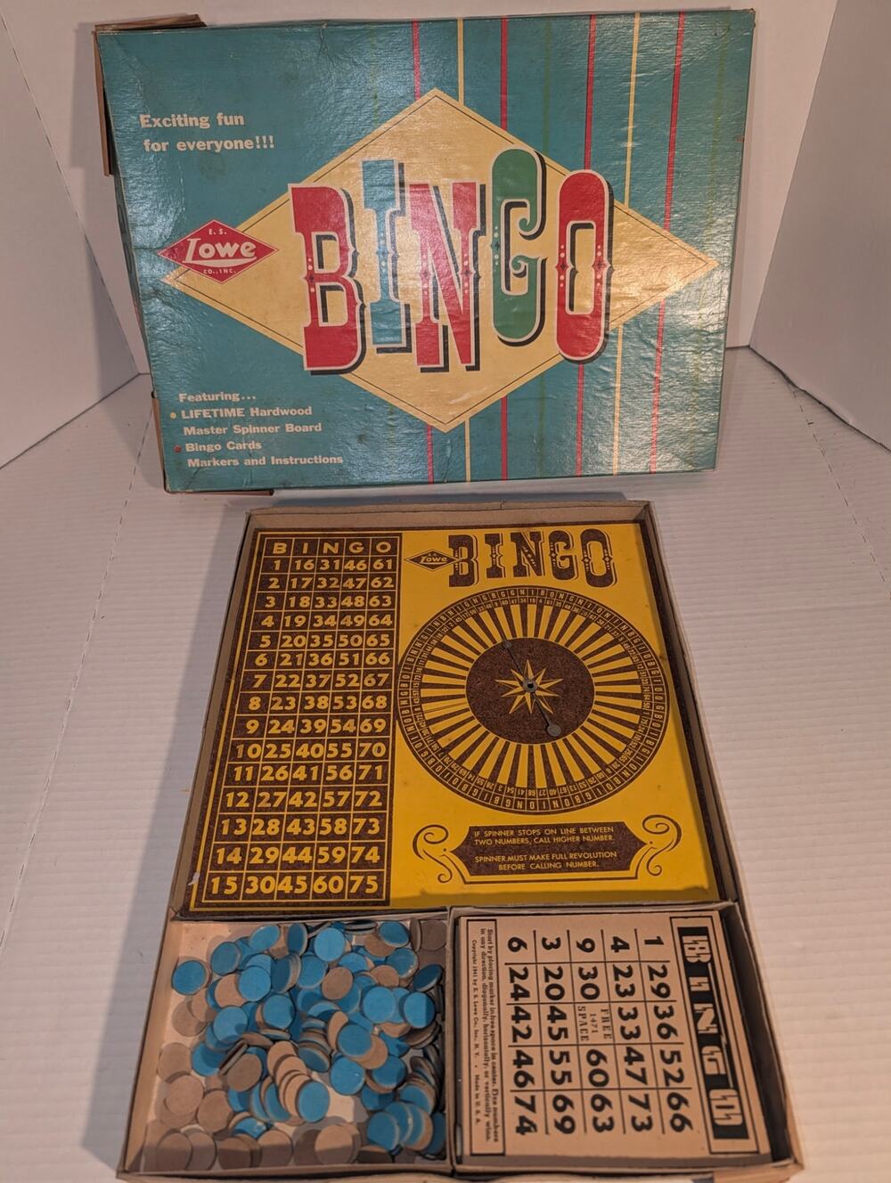 Vtg 1941 Complete Bingo Game Set E.S. Lowe Wooden Spinner Board Rare Complete
